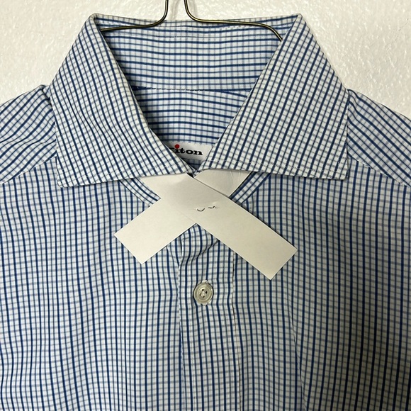 #53 KITON Designer Blue Gingham Plaid Cotton Shirt 15 - Picture 4 of 13